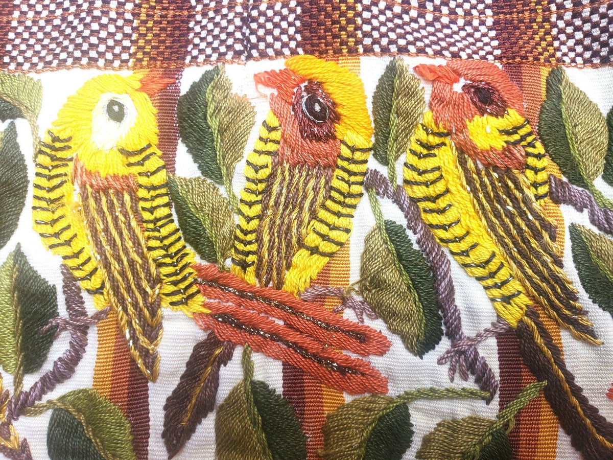 Handmade Cream EMBROIDERED Guatemalan COTTON WALL "Mayan Bird Family" Tapestry