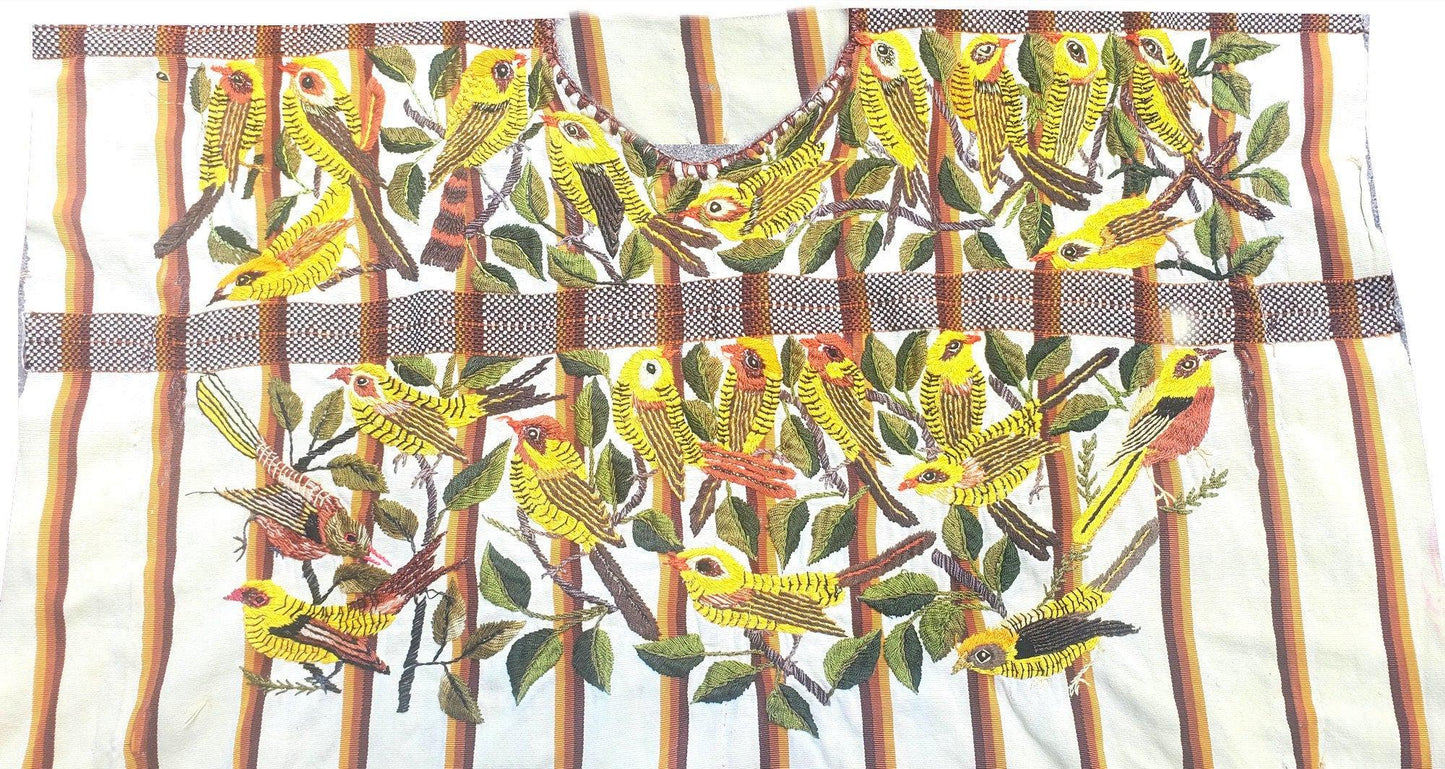 Handmade Cream EMBROIDERED Guatemalan COTTON WALL "Mayan Bird Family" Tapestry