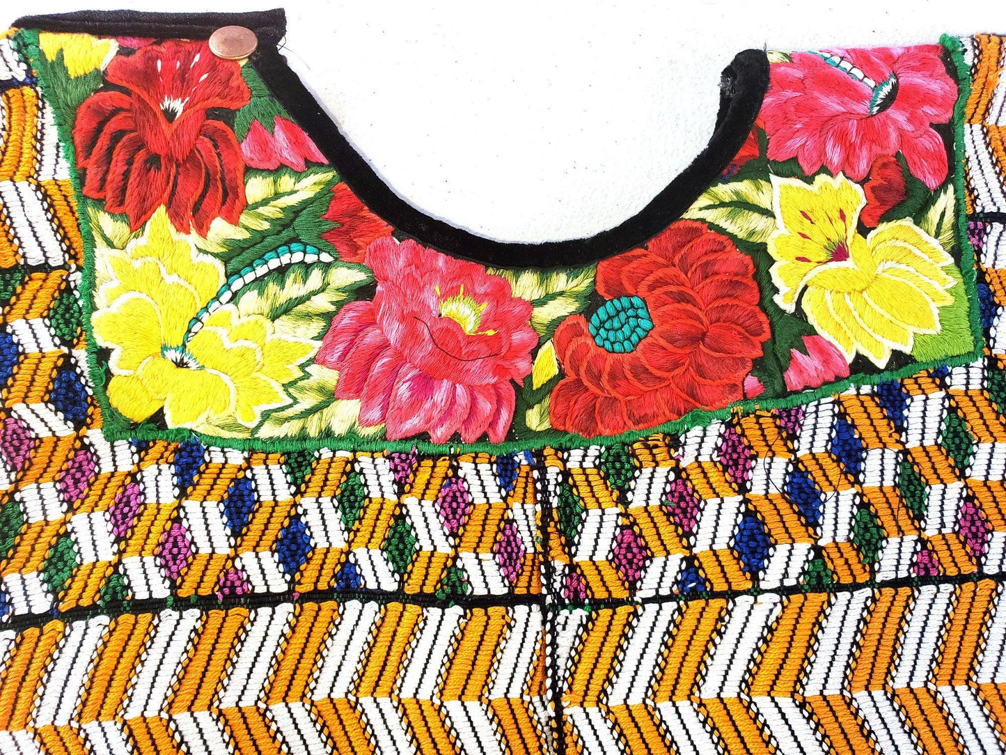 Vintage white black unique handmade weaved cotton Almolonga Quetzaltenango huipil