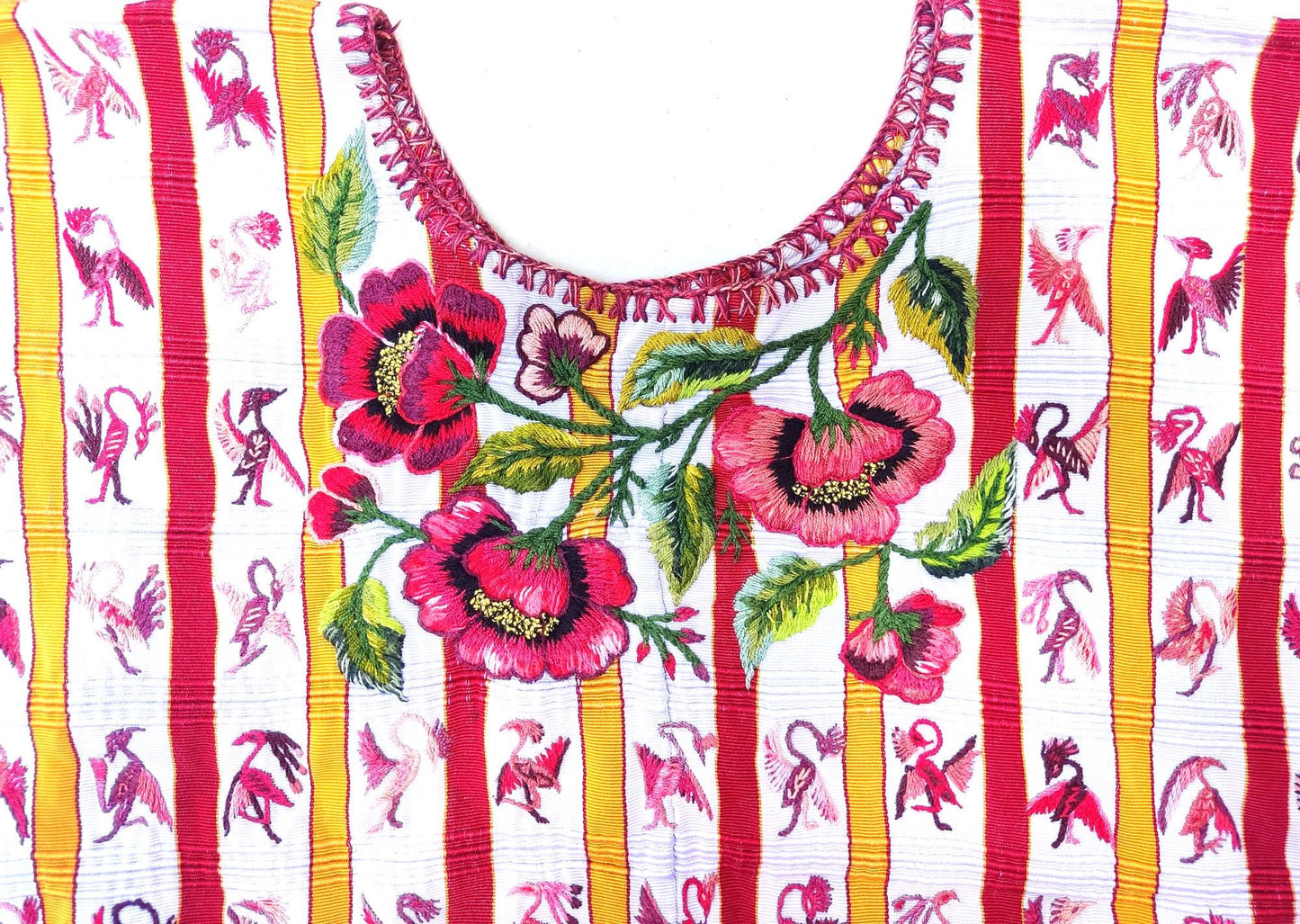 Vintage Handmade EMBROIDERED Birds SANTIAGO Atitlan Huipil Cotton Wall Decor Tapestry