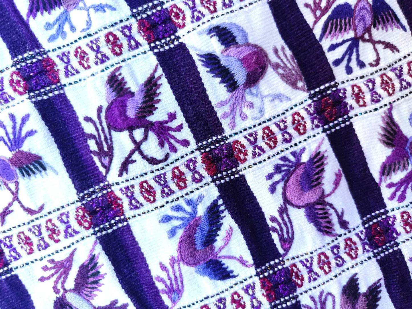 Vintage Handmade EMBROIDERED Purple Birds SANTIAGO Atitlan Huipil Cotton Wall Decor Tapestry