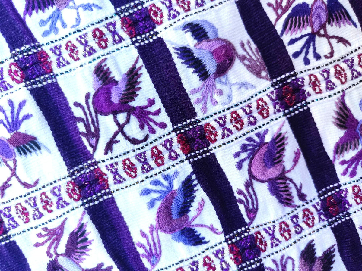 Vintage Handmade EMBROIDERED Purple Birds SANTIAGO Atitlan Huipil Cotton Wall Decor Tapestry
