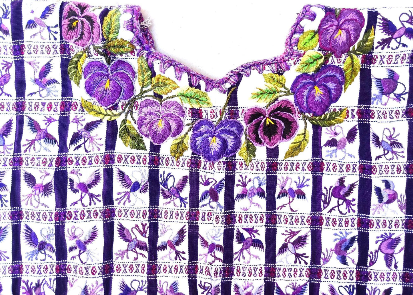 Vintage Handmade EMBROIDERED Purple Birds SANTIAGO Atitlan Huipil Cotton Wall Decor Tapestry