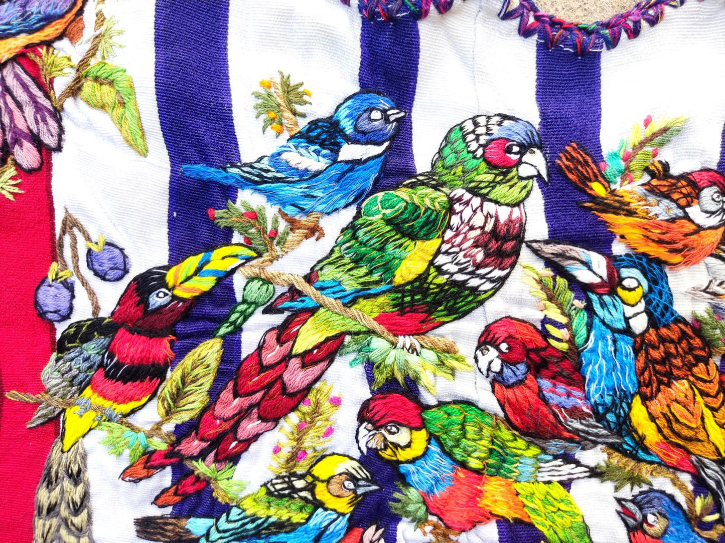 Vintage Handmade EMBROIDERED Parrots Toucans and Birds SANTIAGO Atitlan Huipil Cotton Wall Decor Tapestry
