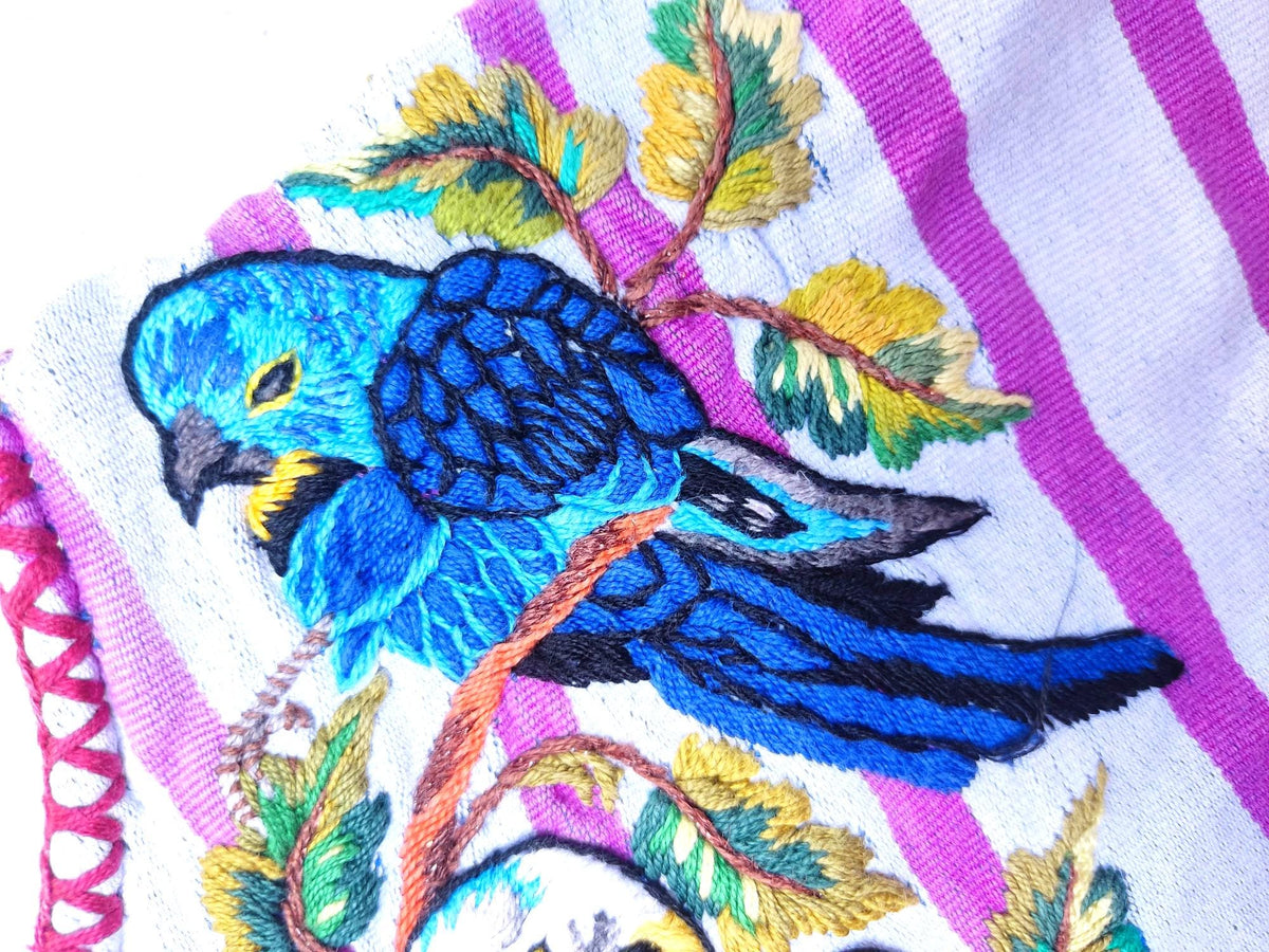 Vintage Handmade EMBROIDERED Parrots SANTIAGO Atitlan Huipil Cotton Wall Decor Tapestry