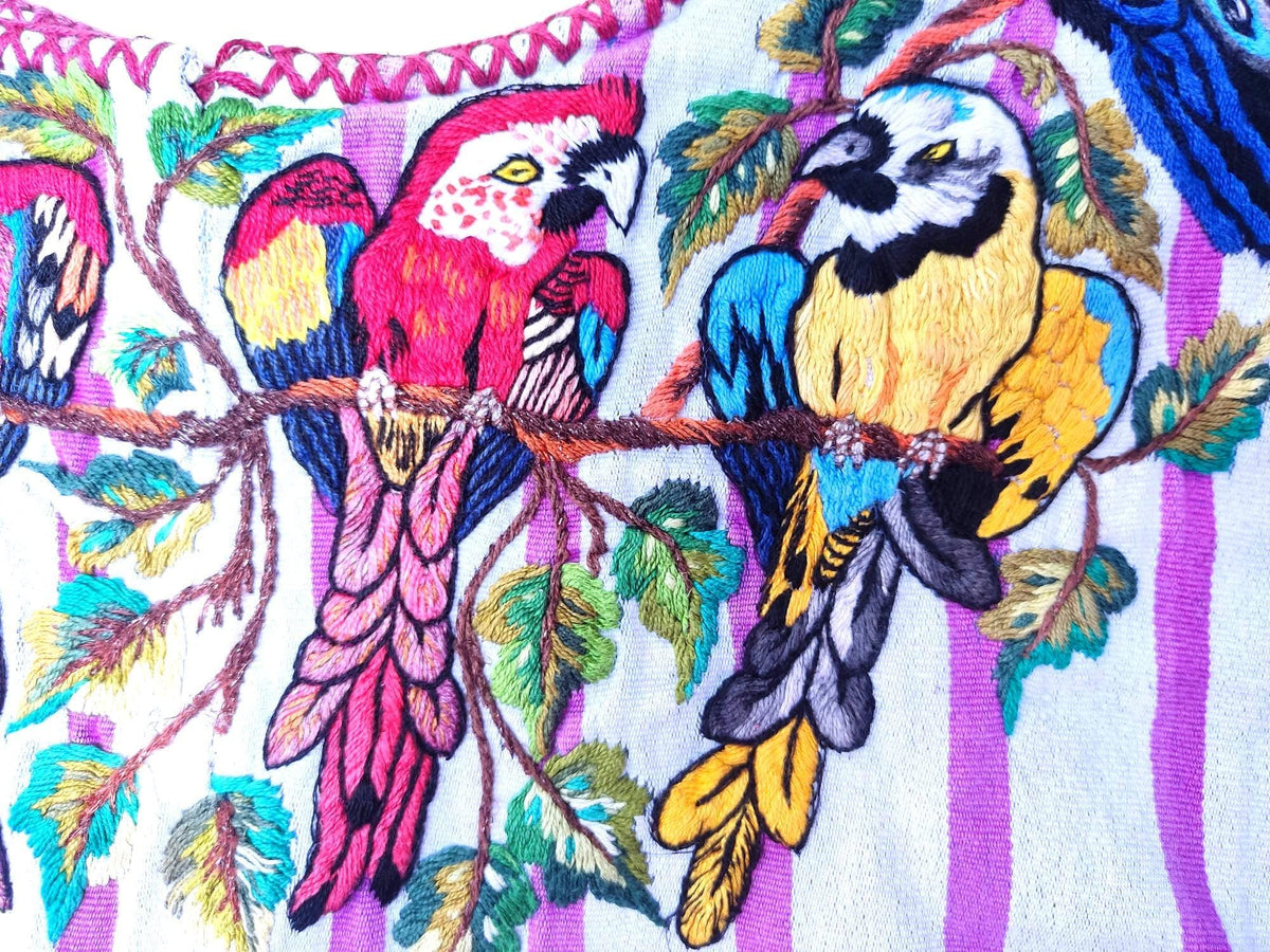 Vintage Handmade EMBROIDERED Parrots SANTIAGO Atitlan Huipil Cotton Wall Decor Tapestry