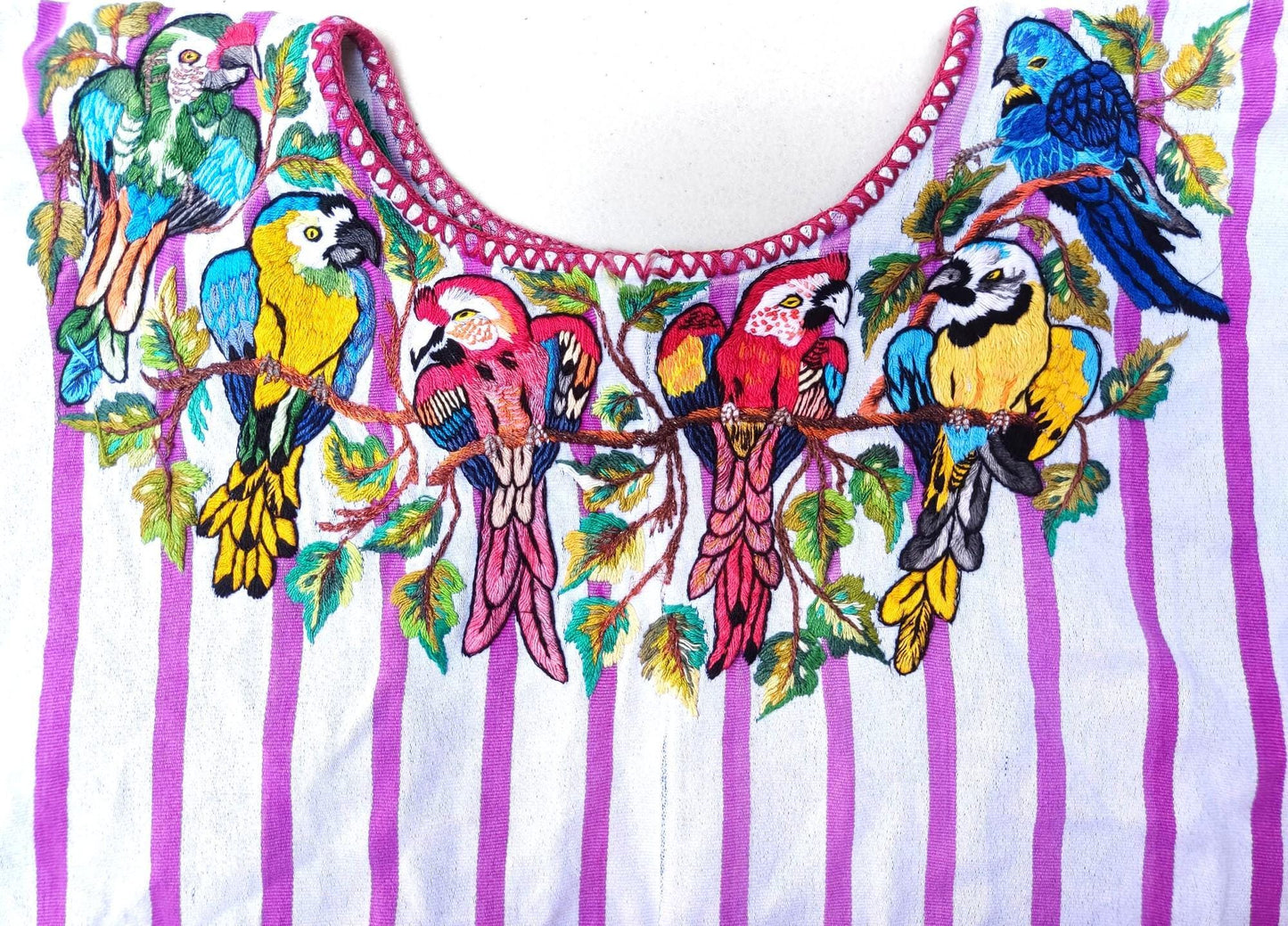 Vintage Handmade EMBROIDERED Parrots SANTIAGO Atitlan Huipil Cotton Wall Decor Tapestry