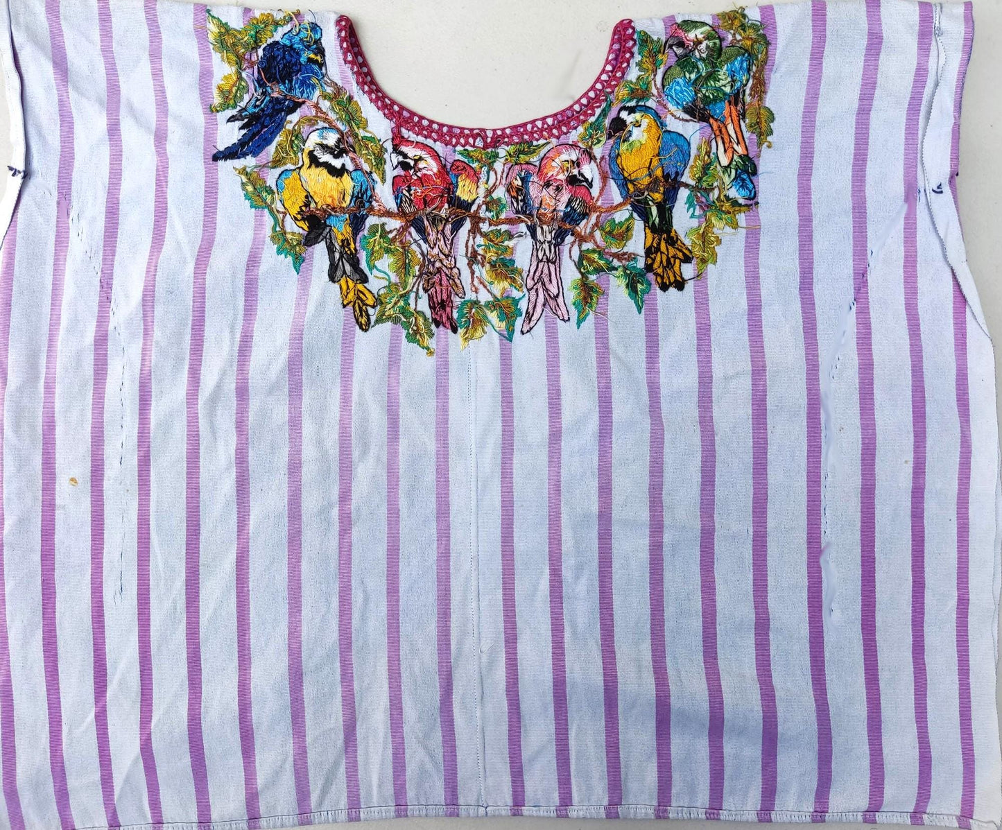 Vintage Handmade EMBROIDERED Parrots SANTIAGO Atitlan Huipil Cotton Wall Decor Tapestry