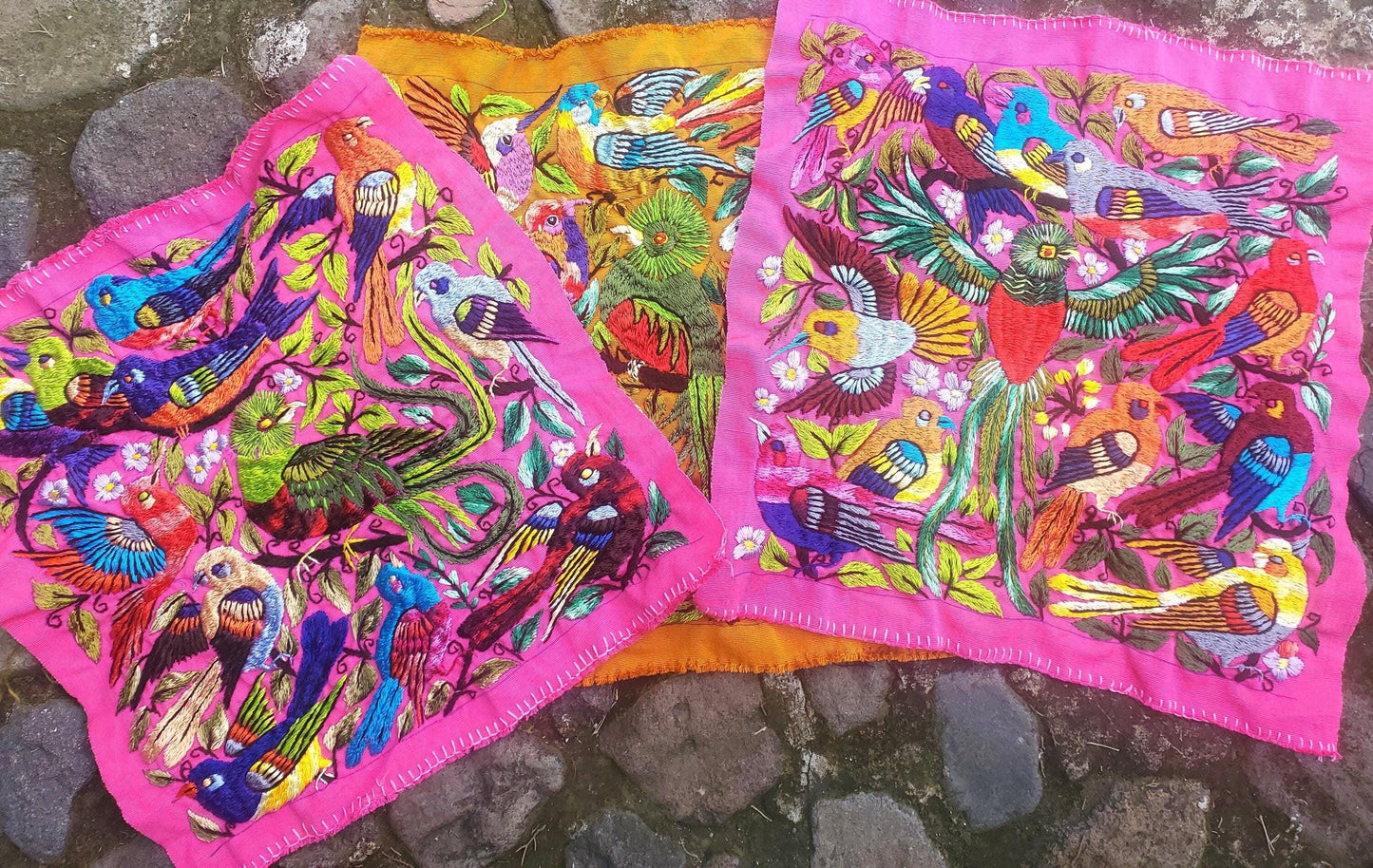 Handmade Hanging EMBROIDERED Guatemalan Yellow Wall Decor "QUETZAL and Bird Friends" tapestry