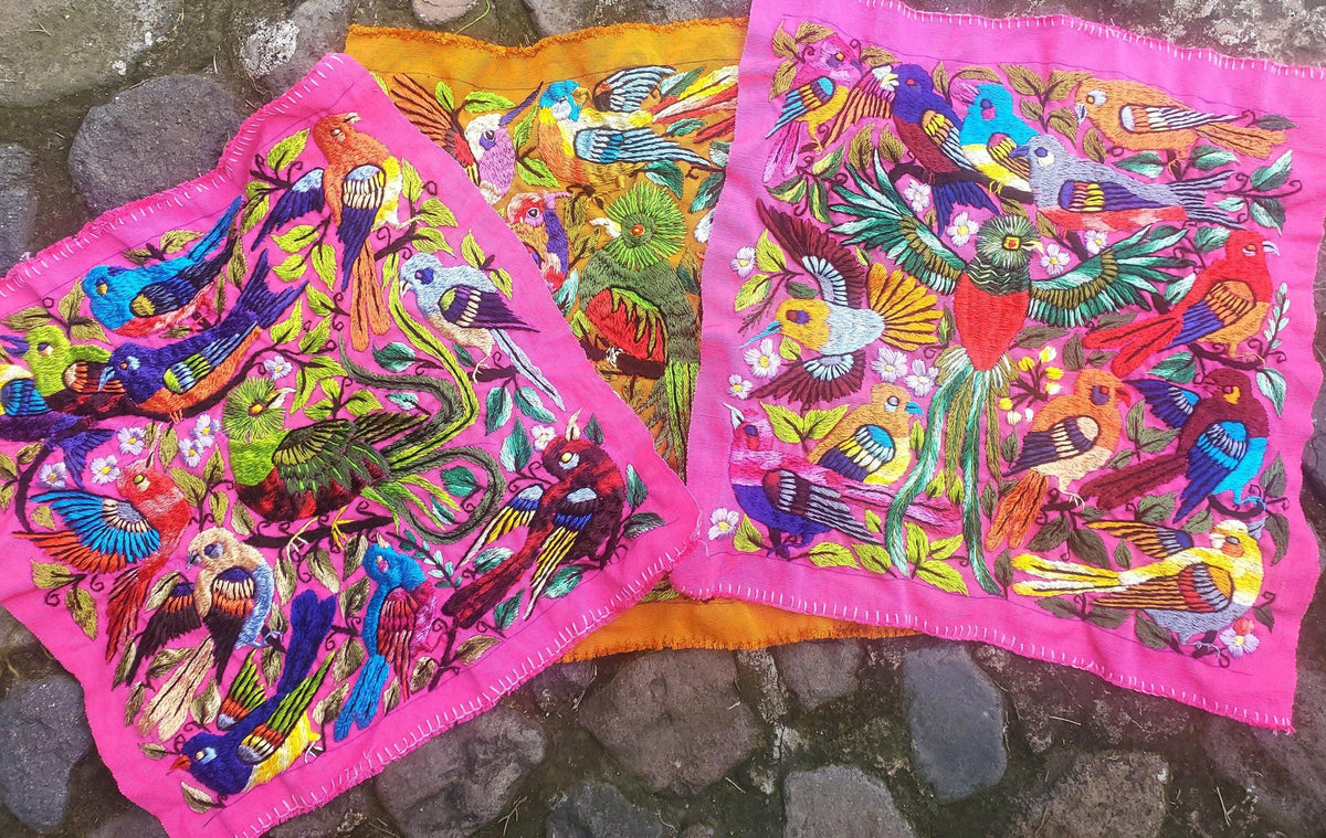 Handmade Hanging EMBROIDERED Guatemalan Yellow Wall Decor "QUETZAL and Bird Friends" tapestry