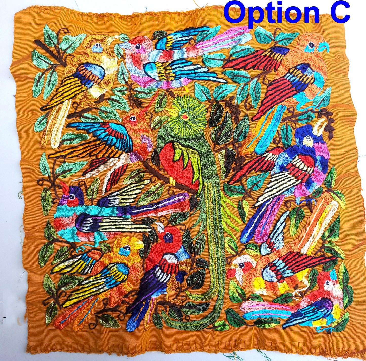 Handmade Hanging EMBROIDERED Guatemalan Yellow Wall Decor "QUETZAL and Bird Friends" tapestry