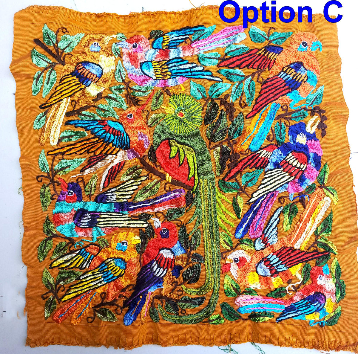 Handmade Hanging EMBROIDERED Guatemalan Yellow Wall Decor "QUETZAL and Bird Friends" tapestry