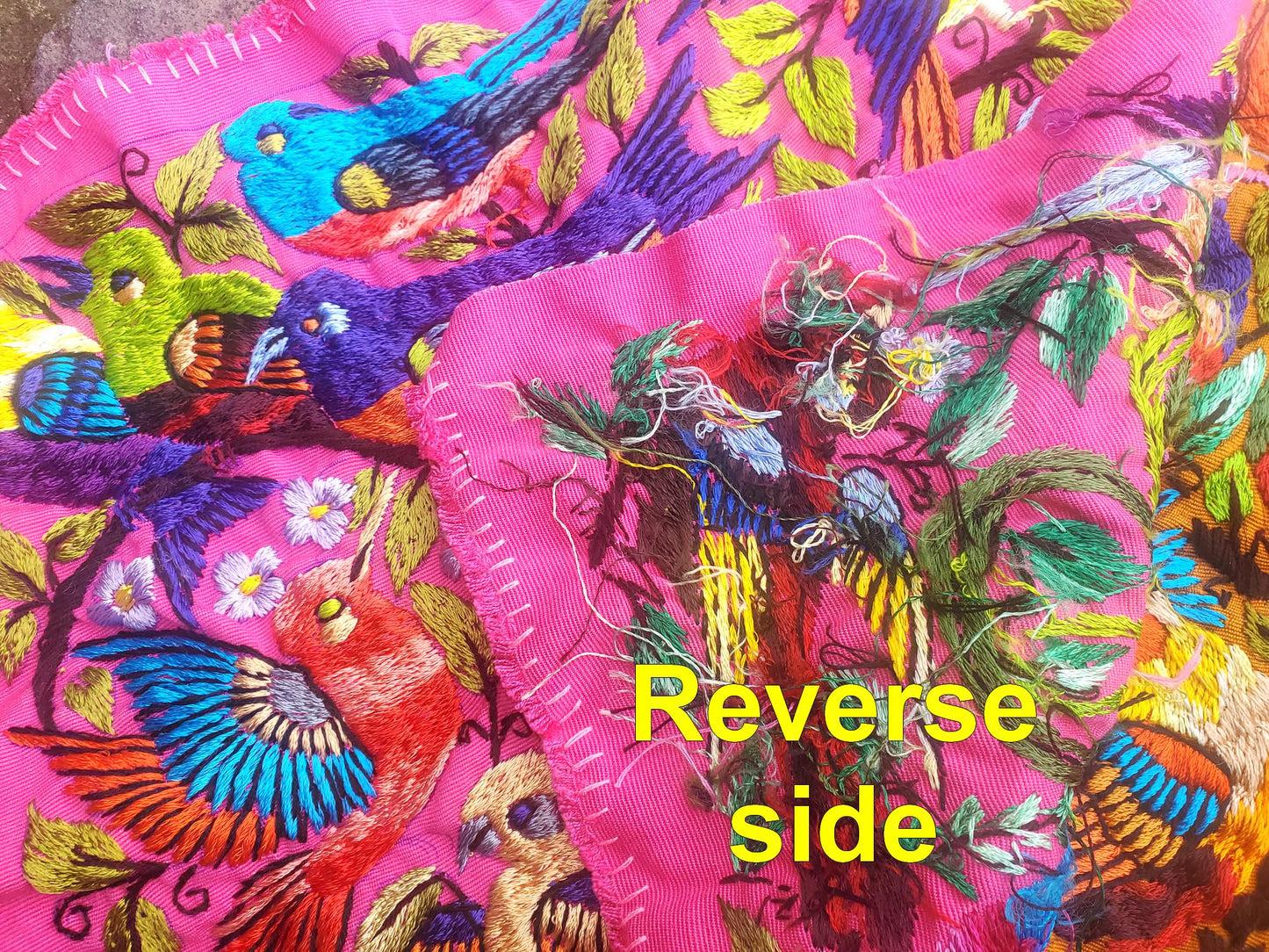 Handmade Hanging EMBROIDERED Guatemalan Yellow Wall Decor "QUETZAL and Bird Friends" tapestry