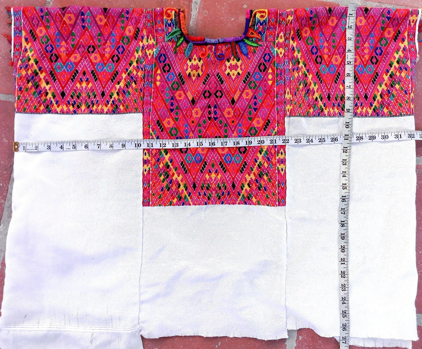 Vintage Guatemalan unique handmade Ivory weaved cotton huipil - Mayan rombus motives-