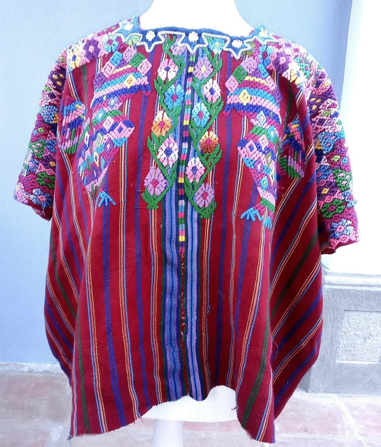Vintage Guatemalan Unique Handmade Weaved Cotton BURGUNDY -ROOSTERS and Birds -Santo Domingo XENACOJ huipil-