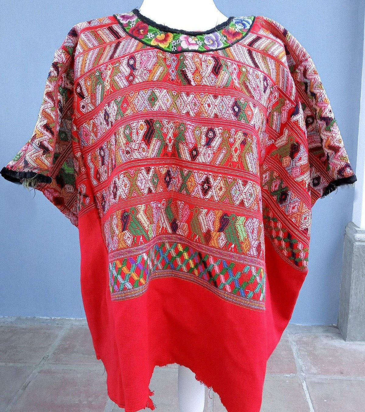 Vintage salmon unique Guatemala handmade weaved Rombus Birds motives cotton huipil -San Juan Cotzal-