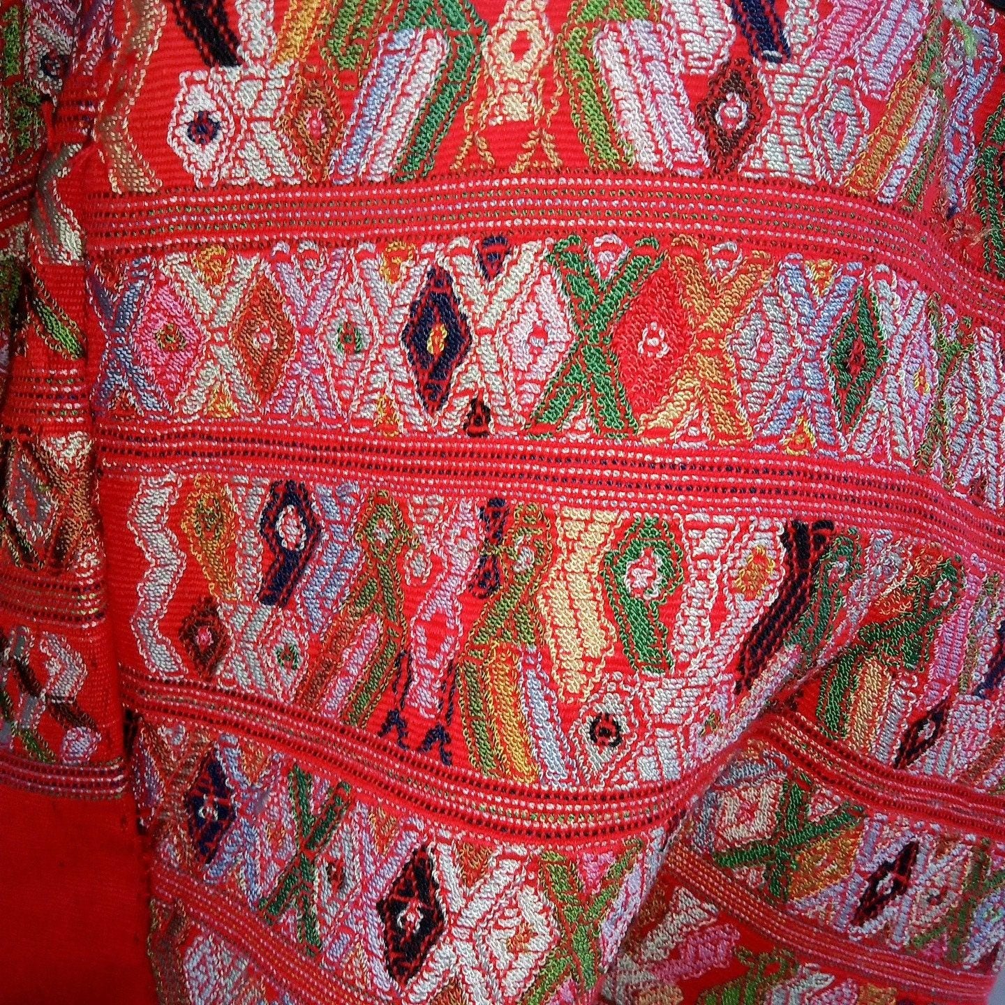 Vintage salmon unique Guatemala handmade weaved Rombus Birds motives cotton huipil -San Juan Cotzal-