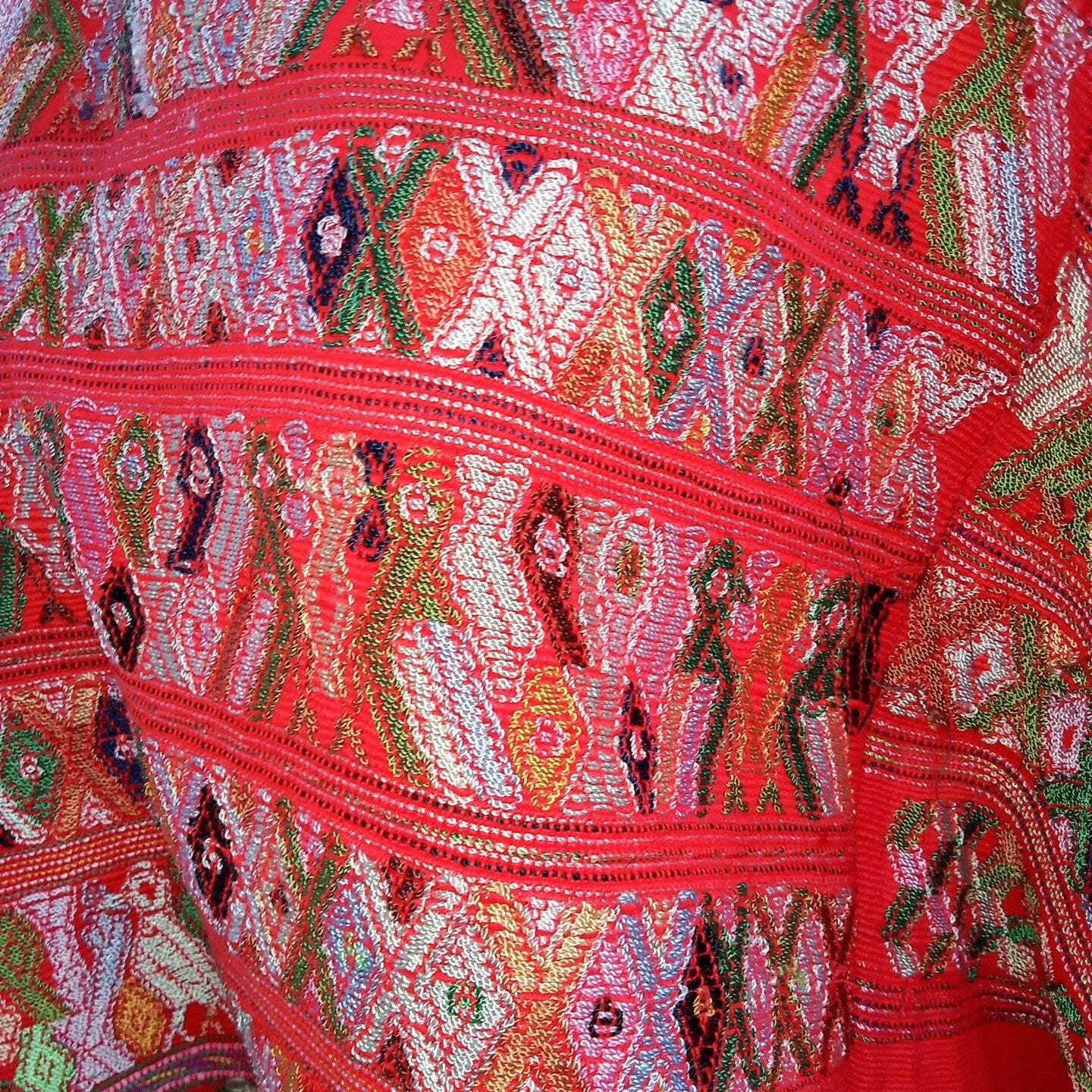 Vintage salmon unique Guatemala handmade weaved Rombus Birds motives cotton huipil -San Juan Cotzal-