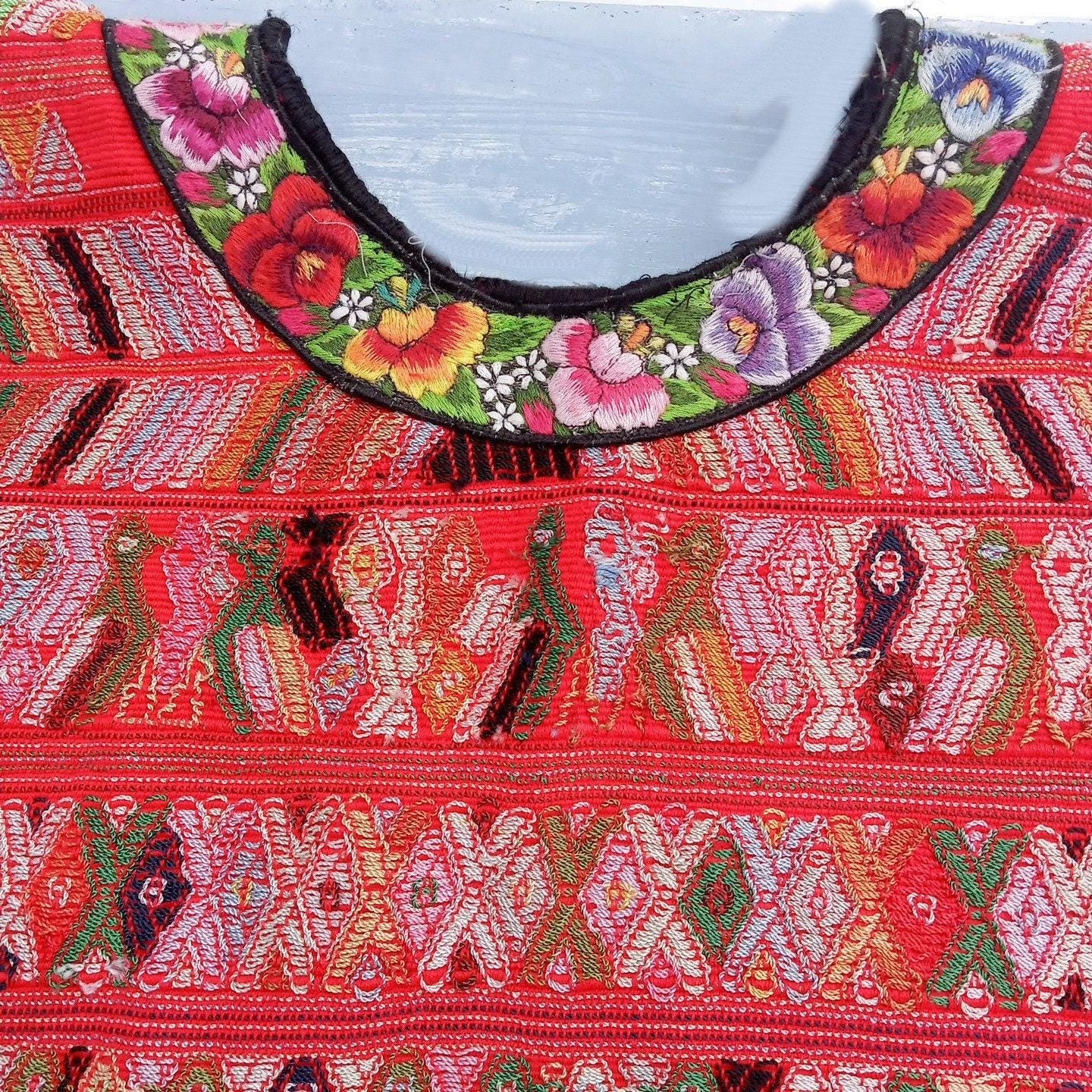 Vintage salmon unique Guatemala handmade weaved Rombus Birds motives cotton huipil -San Juan Cotzal-