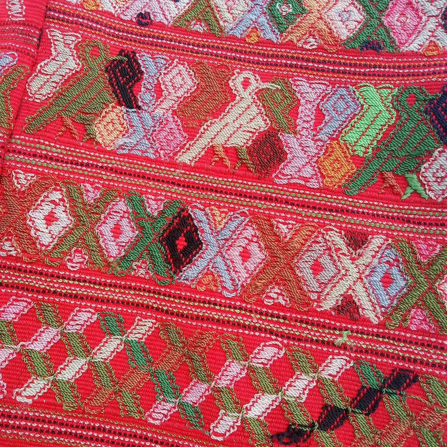 Vintage salmon unique Guatemala handmade weaved Rombus Birds motives cotton huipil -San Juan Cotzal-