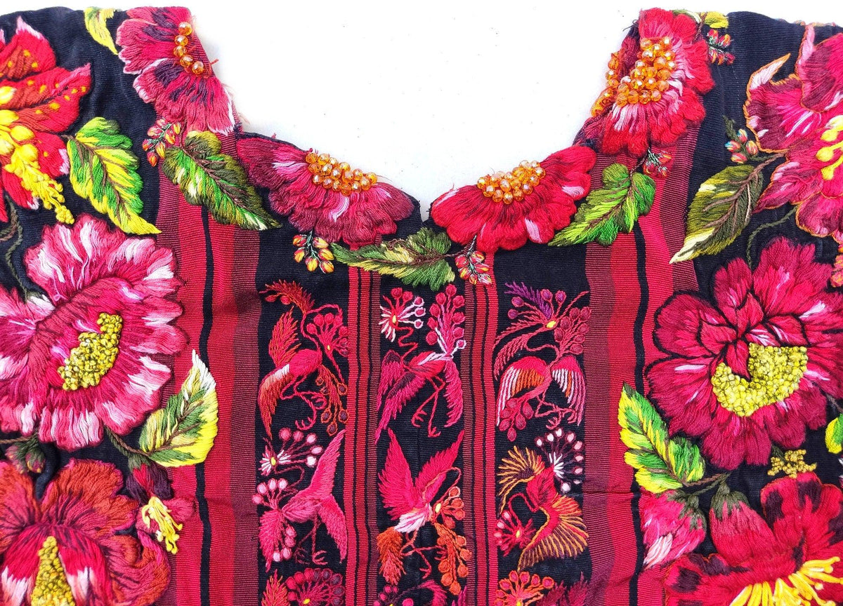 Vintage handmade embroidered Santiago Atitlan huipil cotton wall decor tapestry -Floral and birds-