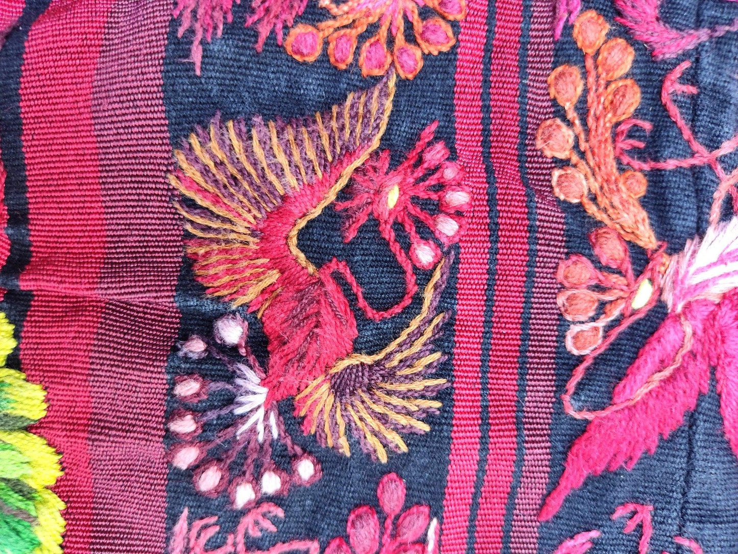 Vintage handmade embroidered Santiago Atitlan huipil cotton wall decor tapestry -Floral and birds-