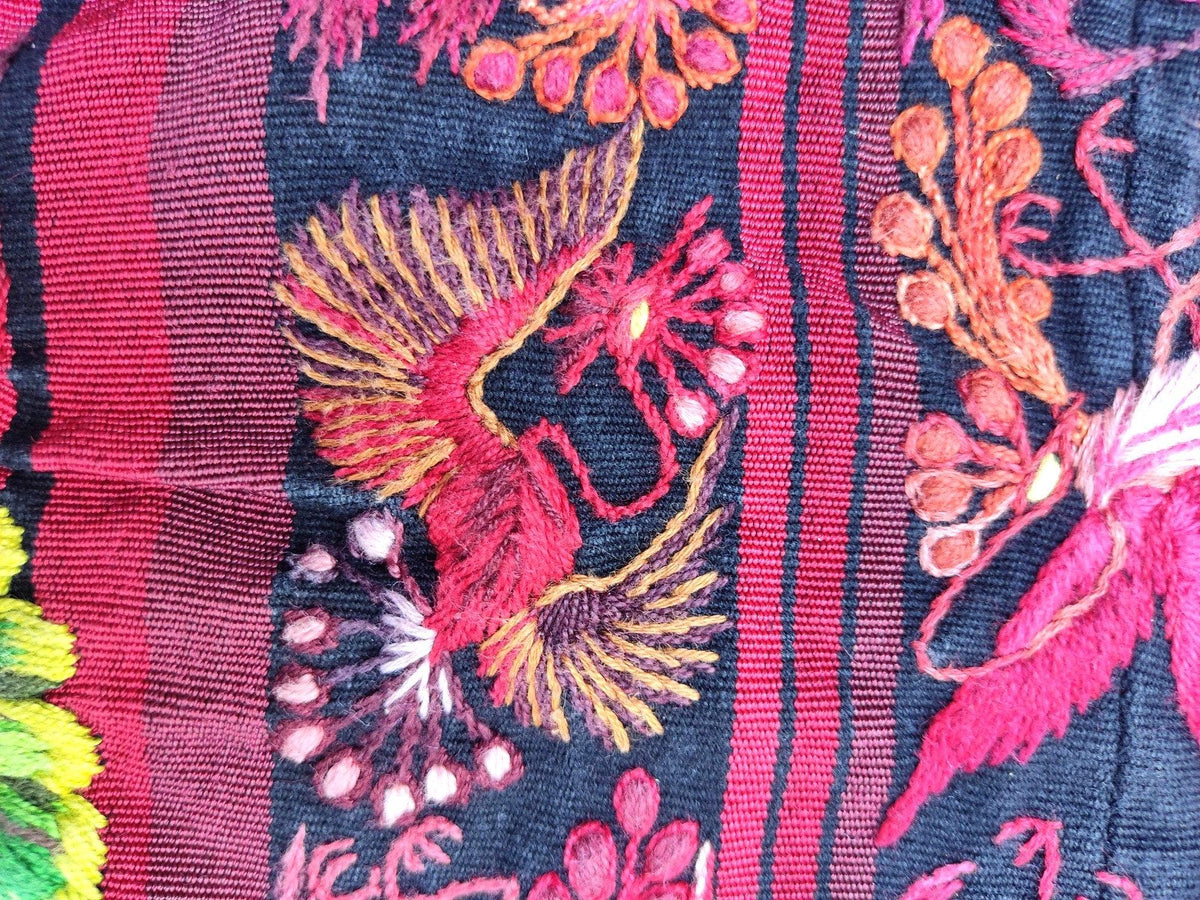 Vintage handmade embroidered Santiago Atitlan huipil cotton wall decor tapestry -Floral and birds-