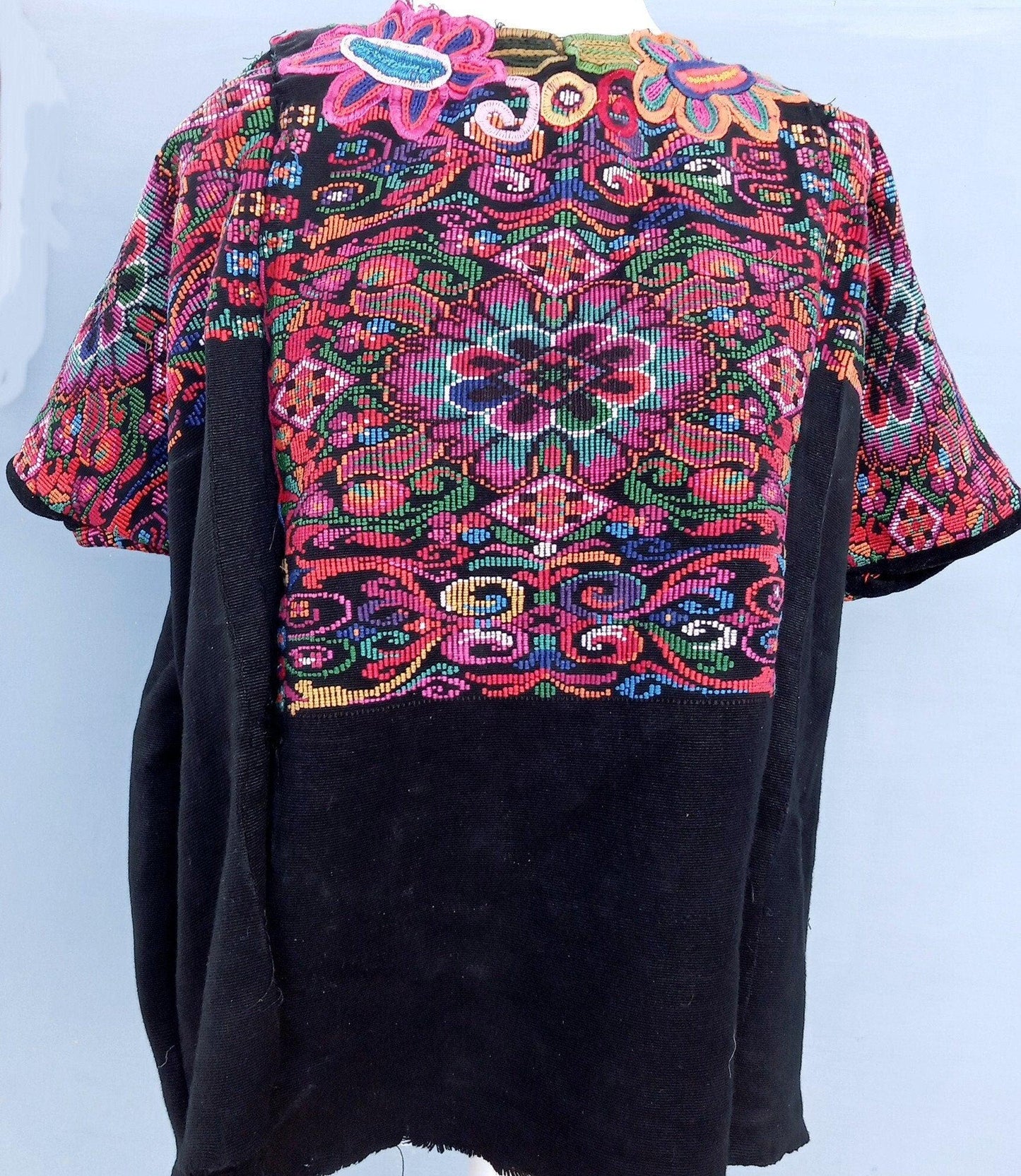 Vintage unique Guatemala handmade weaved cotton huipil "Mayan Chichi flowers"
