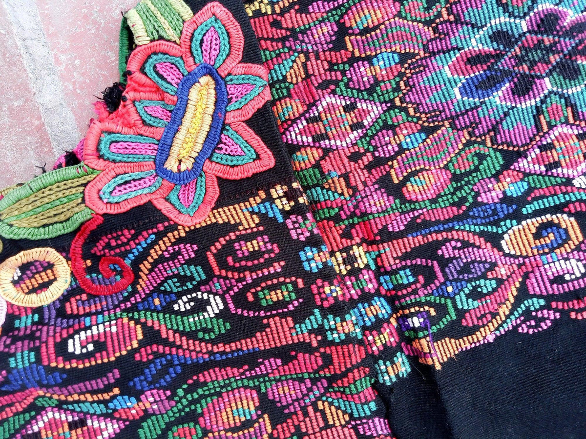 Vintage unique Guatemala handmade weaved cotton huipil "Mayan Chichi flowers"