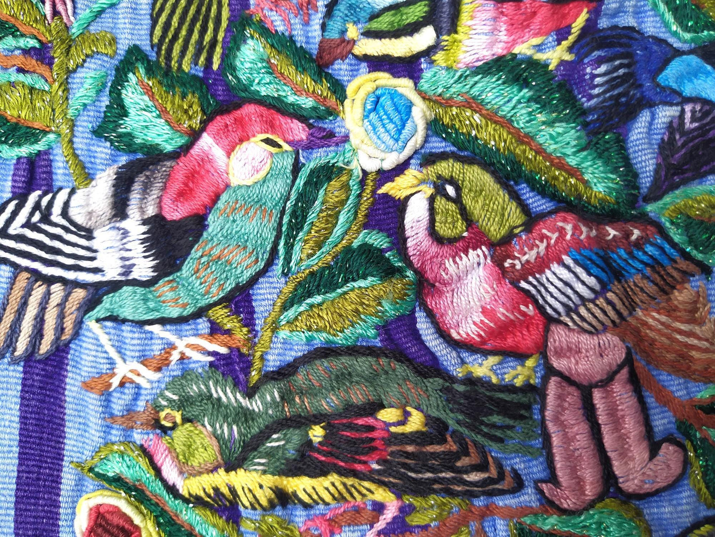 Handmade Blue EMBROIDERED Guatemalan Santiago Atitlan COTTON WALL Huipil "Mayan Bird Family" Tapestry