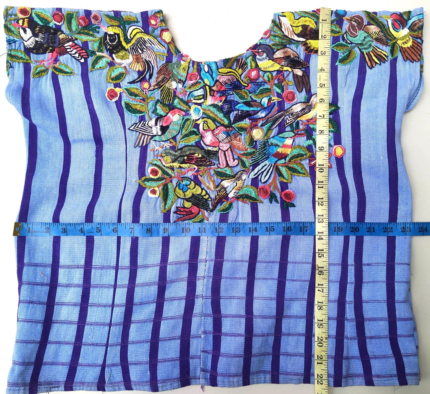 Handmade Blue EMBROIDERED Guatemalan Santiago Atitlan COTTON WALL Huipil "Mayan Bird Family" Tapestry