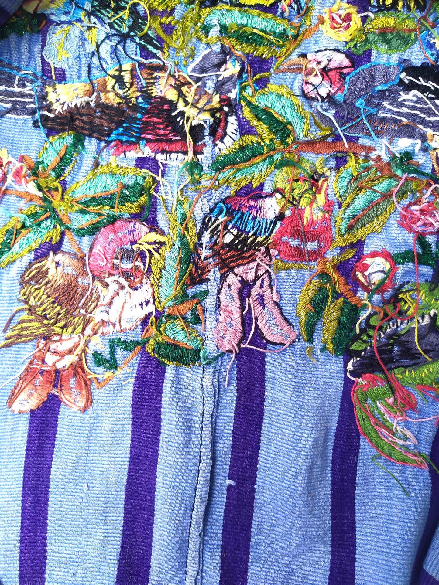 Handmade Blue EMBROIDERED Guatemalan Santiago Atitlan COTTON WALL Huipil "Mayan Bird Family" Tapestry