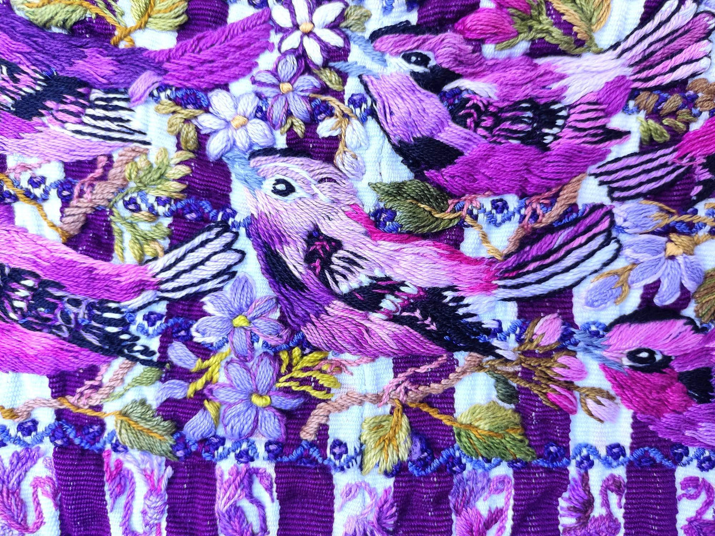 Vintage handmade embroidered Santiago ATITLAN huipil cotton wall decor tapestry -BIRD family-
