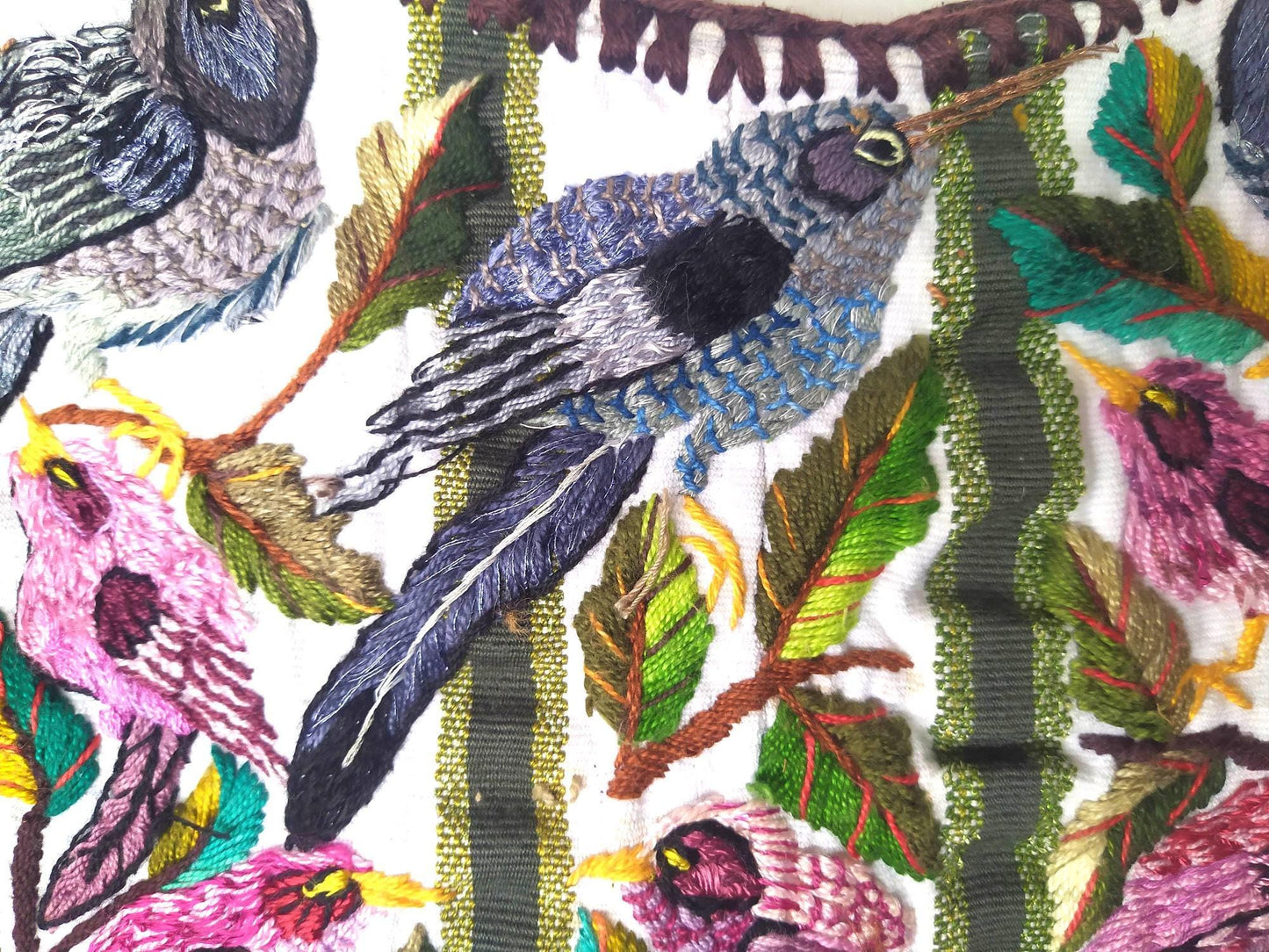 Vintage handmade embroidered Santiago ATITLAN huipil cotton wall decor tapestry -PARROT family-