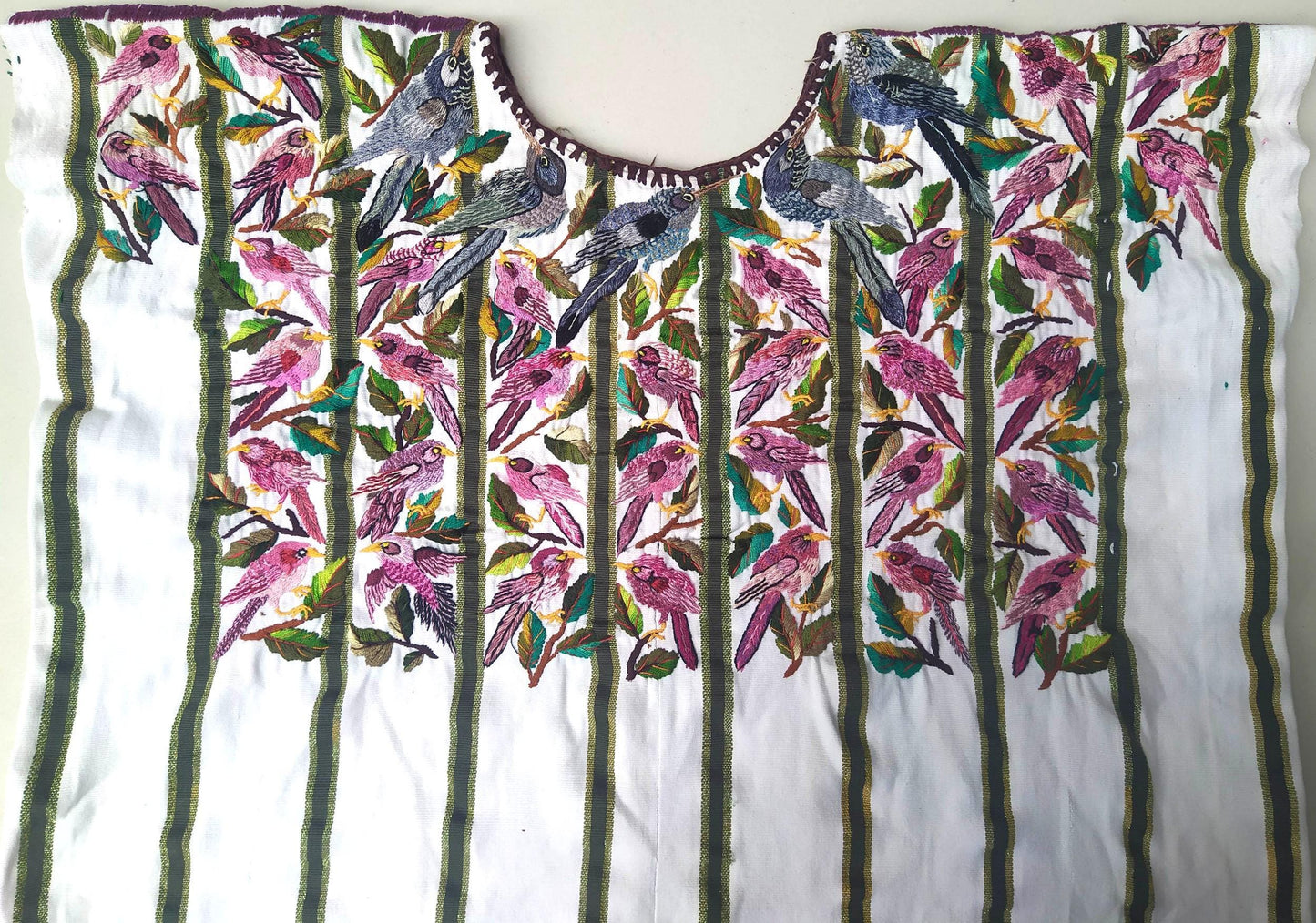 Vintage handmade embroidered Santiago ATITLAN huipil cotton wall decor tapestry -PARROT family-