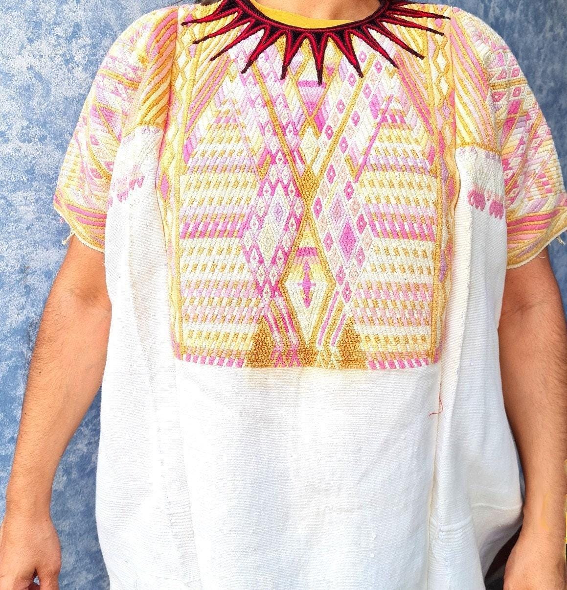 Vintage Guatemalan unique handmade Ivory weaved cotton huipil - Mayan rombus motives-