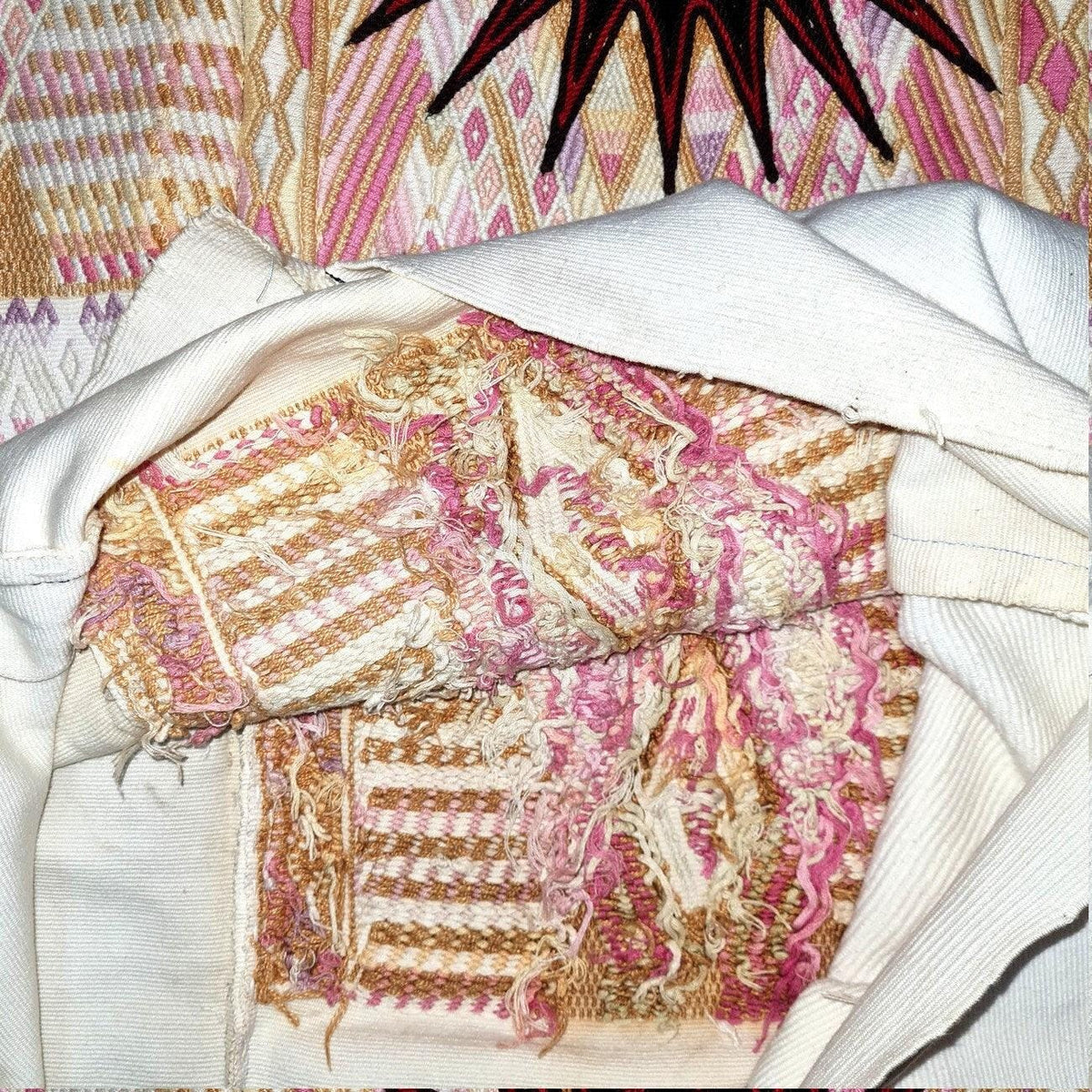 Vintage Guatemalan unique handmade Ivory weaved cotton huipil - Mayan rombus motives-