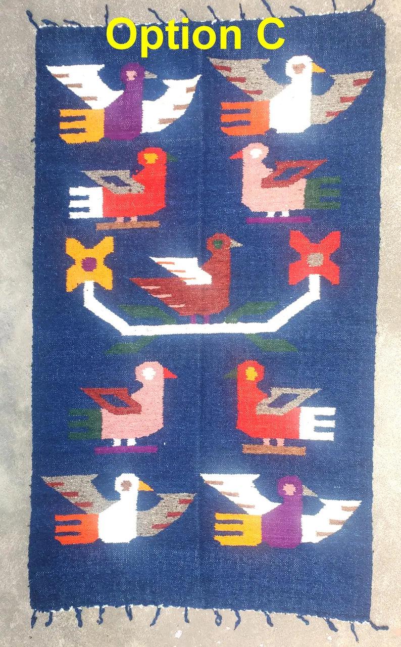 Handwoven WOOL RUG made in MOMOSTENANGO Guatemala / Birds pattern
