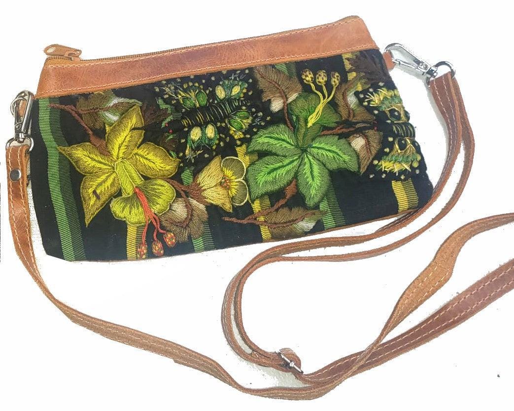 Aesthetic Woman Guatemalan Leather Huipil CROSSBODY Wristlet CLUTCH PURSE - 100% Cotton Lining Purse