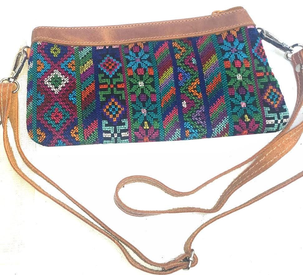 Aesthetic Woman Guatemalan Leather Huipil CROSSBODY Wristlet CLUTCH PURSE - 100% Cotton Lining Purse