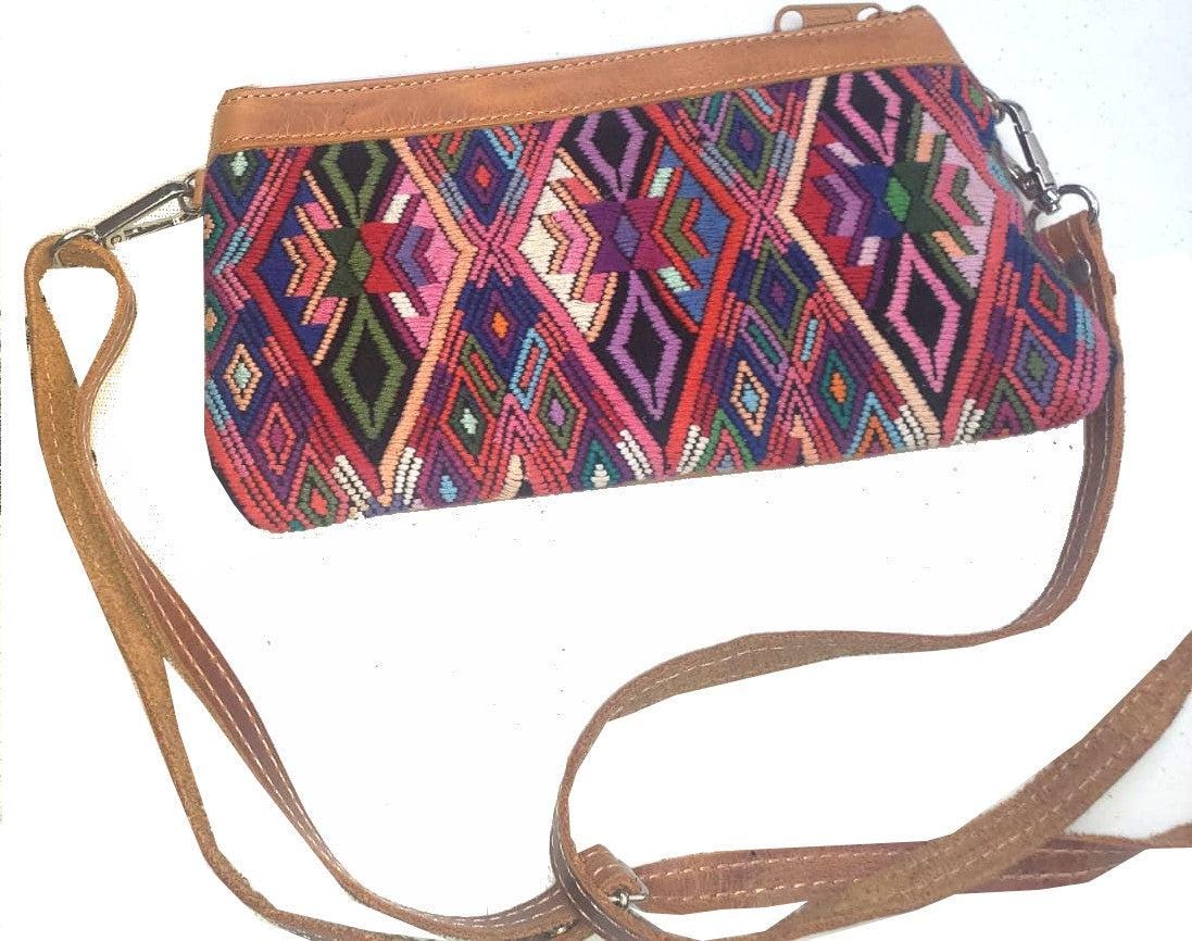 Aesthetic Woman Guatemalan Leather Huipil CROSSBODY Wristlet CLUTCH PURSE - 100% Cotton Lining Purse
