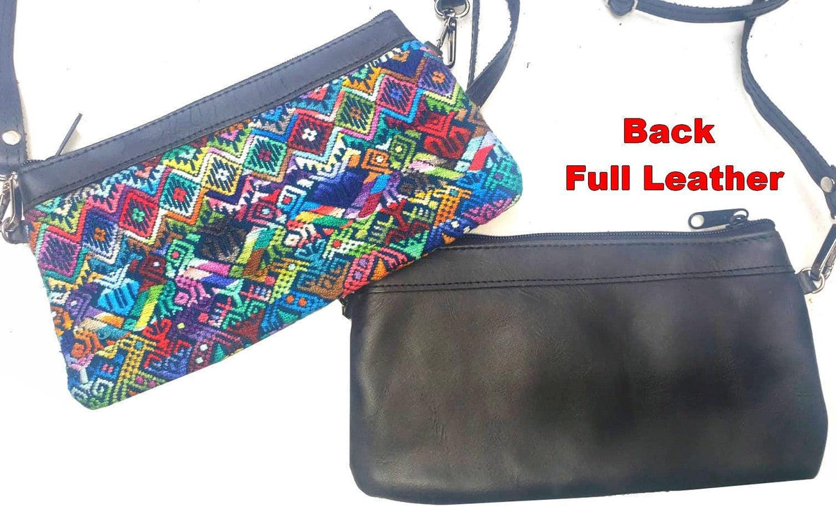Aesthetic Woman Guatemalan Leather Huipil CROSSBODY Wristlet CLUTCH PURSE - 100% Cotton Lining Purse