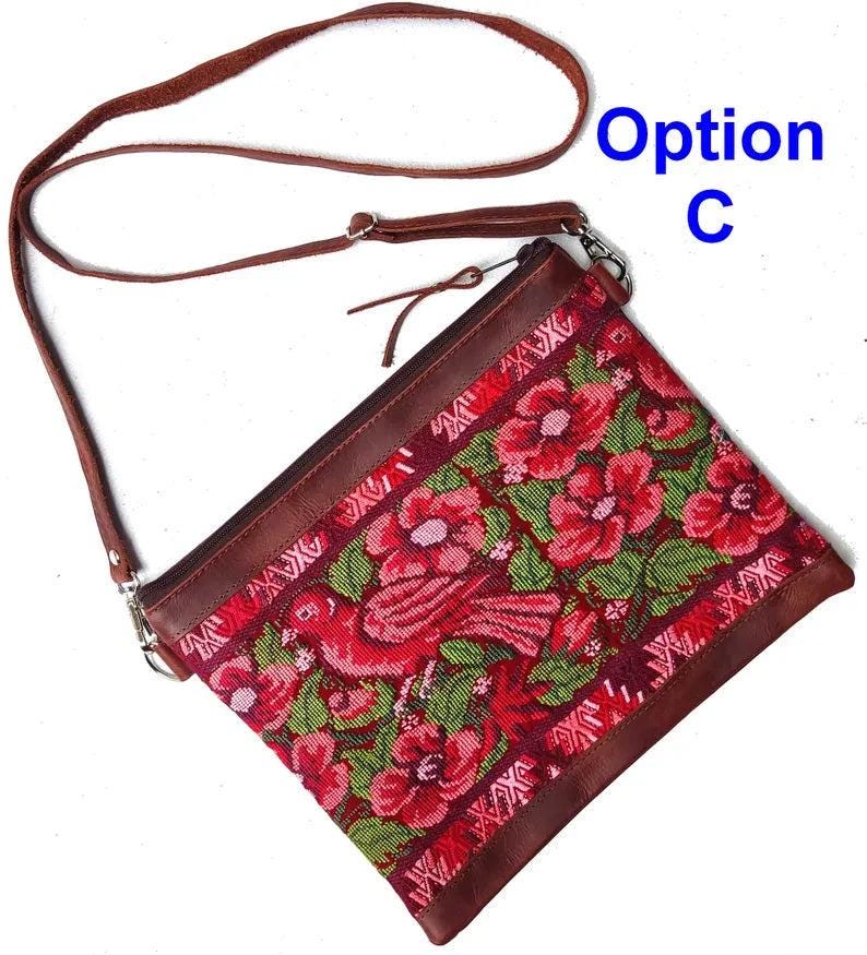 Aesthetic Woman Guatemalan Leather Huipil CROSSBODY Wristlet CLUTCH PURSE - 100% Cotton Lining Purse