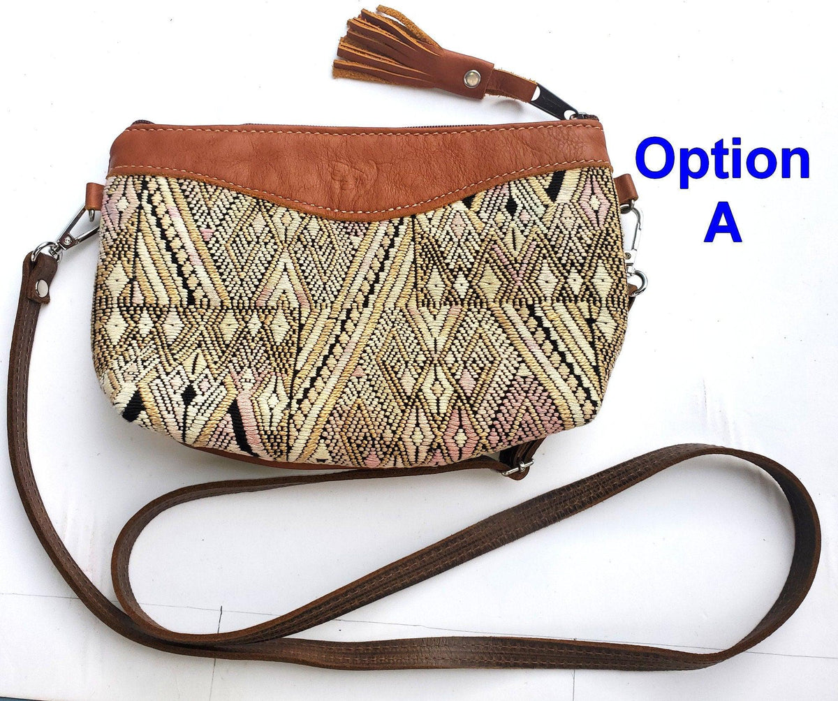 Aesthetic Woman Guatemalan Leather Huipil CROSSBODY Wristlet CLUTCH PURSE - 100% Cotton Lining Purse