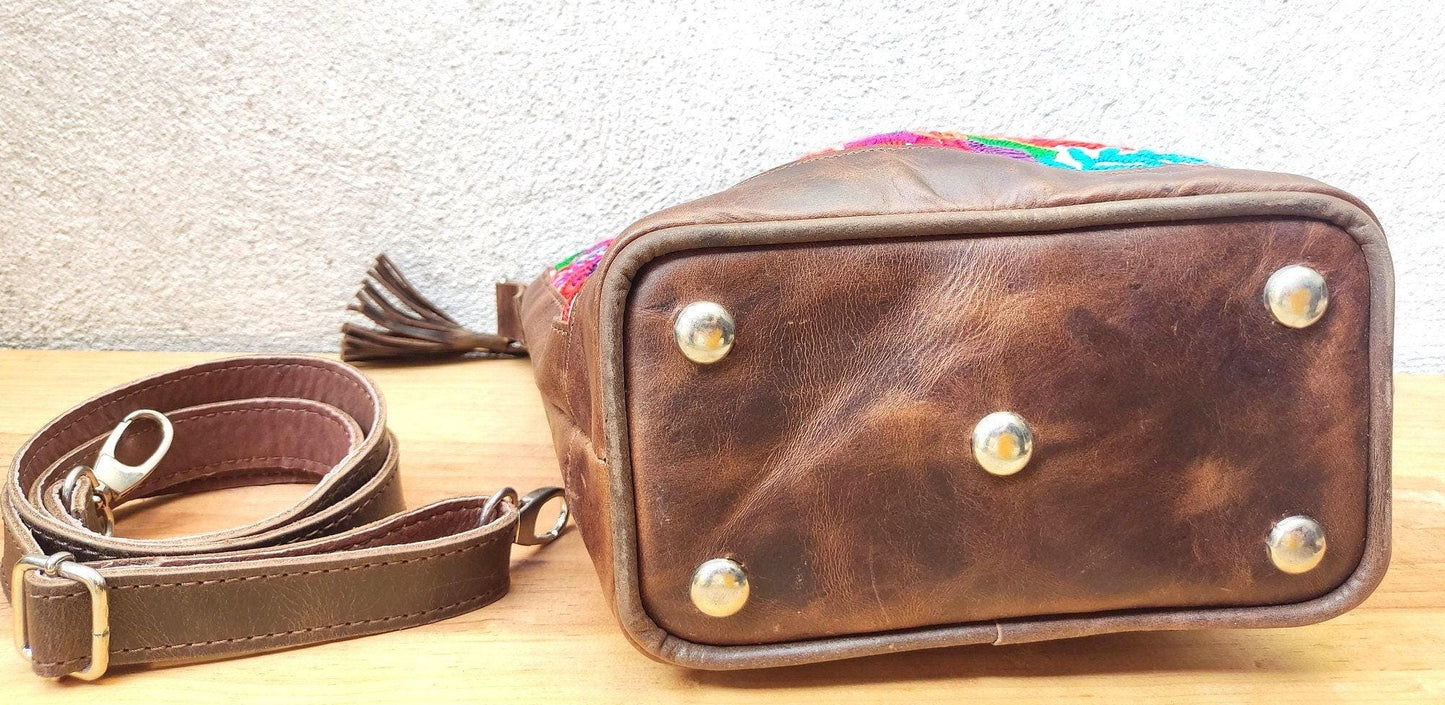 Unique leather Couple of Peacocks huipil crossbody bag