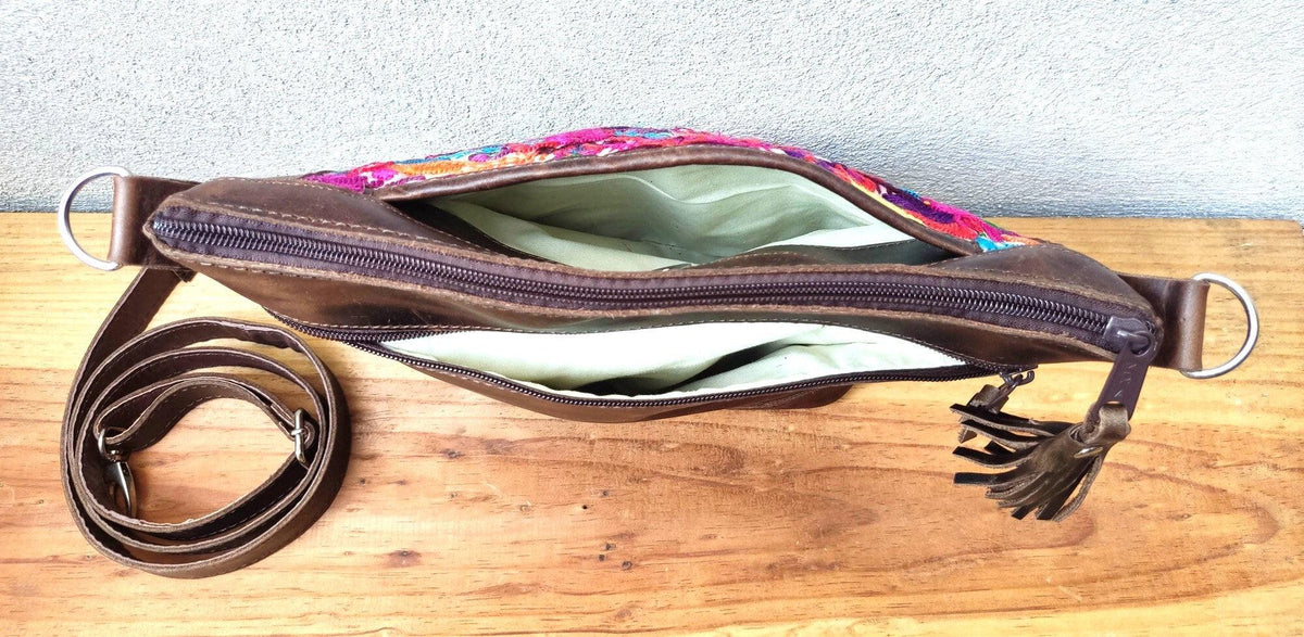 Unique leather Couple of Peacocks huipil crossbody bag