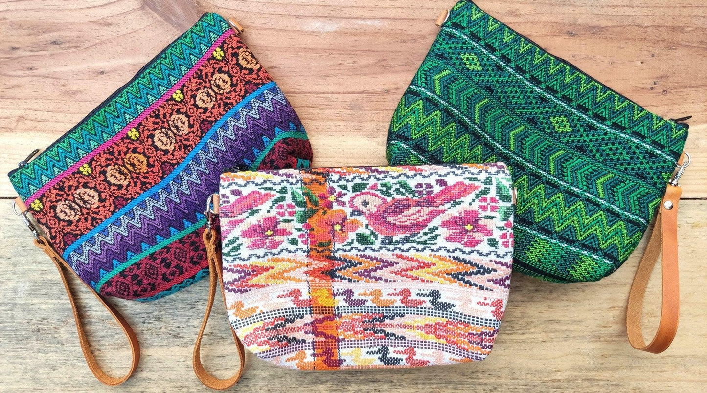 Guatemalan upcycled HUIPIL double sided COSMETIC PURSE leather wristlet