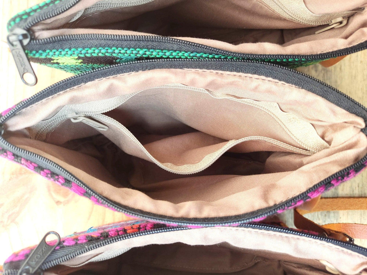 Guatemalan upcycled HUIPIL double sided COSMETIC PURSE leather wristlet