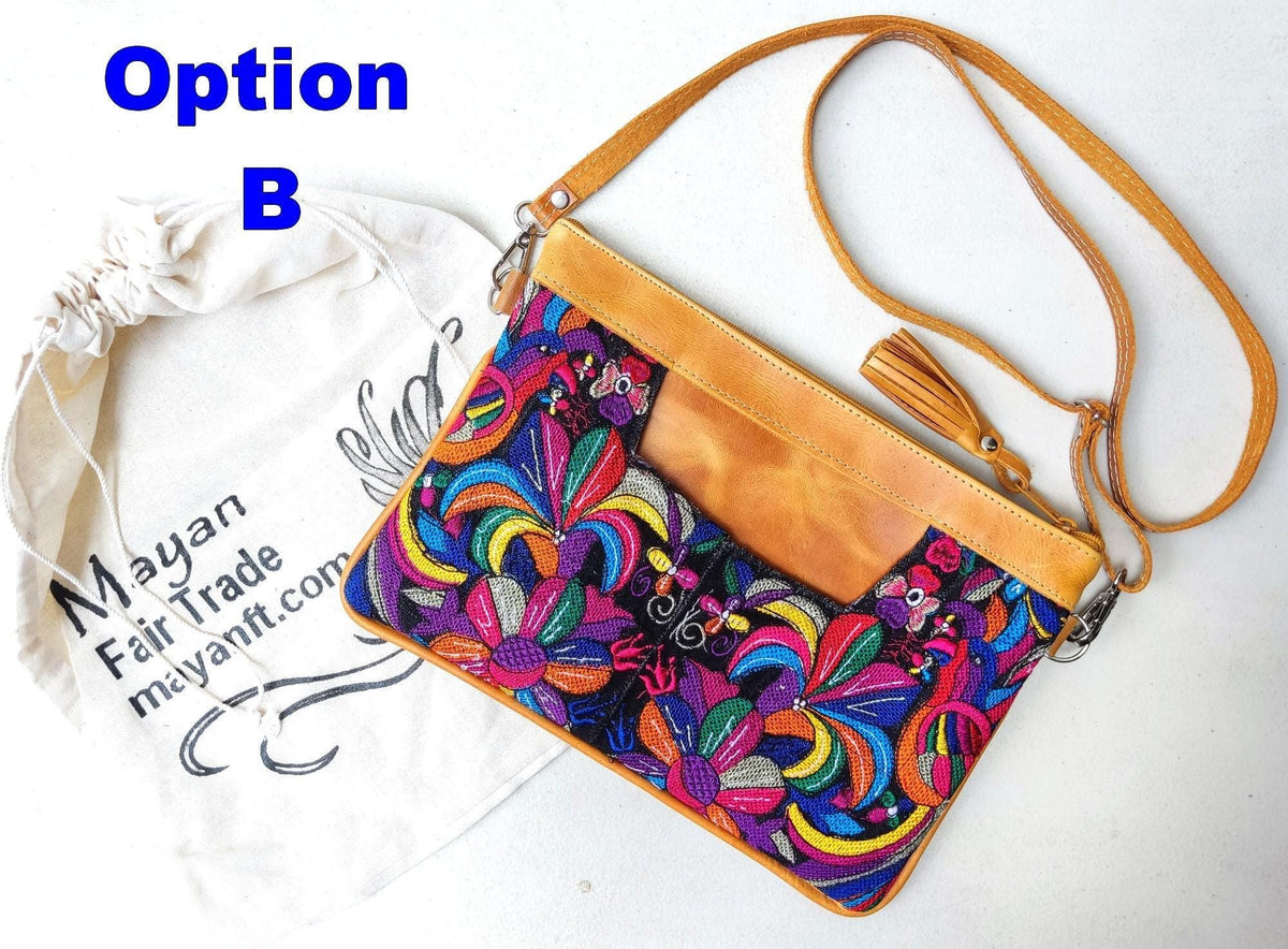 Aesthetic Woman Guatemalan Leather Huipil CROSSBODY Wristlet CLUTCH PURSE - 100% Cotton Lining Purse