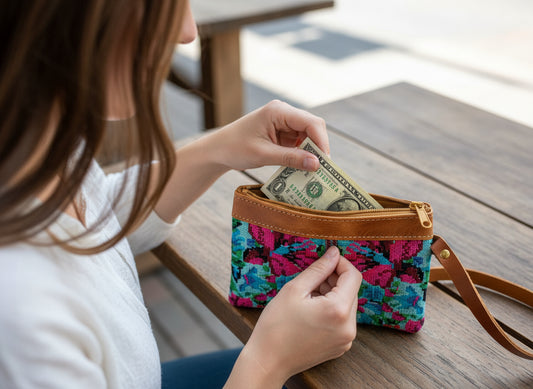 Guatemalan upcycled huipil double sided coin purse leather trim